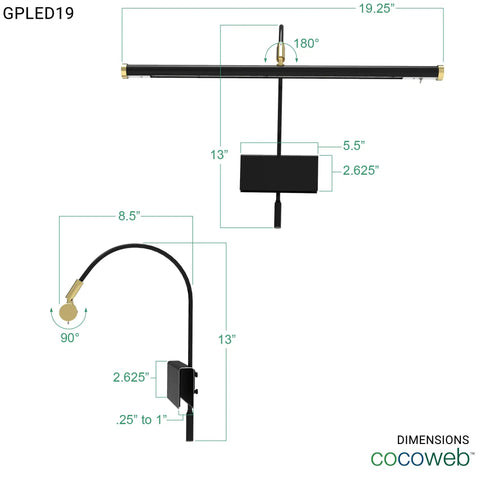 Dimensions of Adjustable Black Grand Piano Lamp With Brass Accents Clip On LED Light Dimmer For 19 Inch Piano