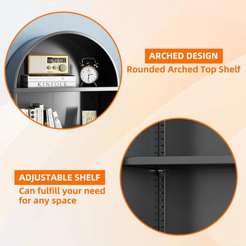 Arched and adjustable shelves of 72 Inch Metal Arched Bookcase With Doors And Wheels Industrial Black Tall Storage Cabinet