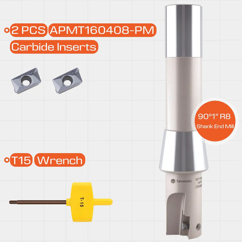 Nickel Plated 1 Inch Indexable End Mill With 5 27 32 Inch Overall Length 90 Degree R8 Shank Two Flutes Includes APKT1604 Carbide Inserts
