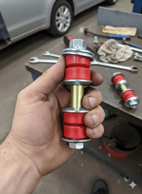 Pair Front Sway Bar Link Kit For Toyota Echo Scion Xa Xb Acura Integra held showing heavy duty red bushings and metal parts.