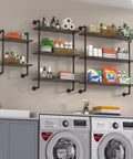 Rustic Three Tier Industrial Pipe Floating Shelves Straight Fire Modern Farmhouse Vibe with bathroom supplies and decor.
