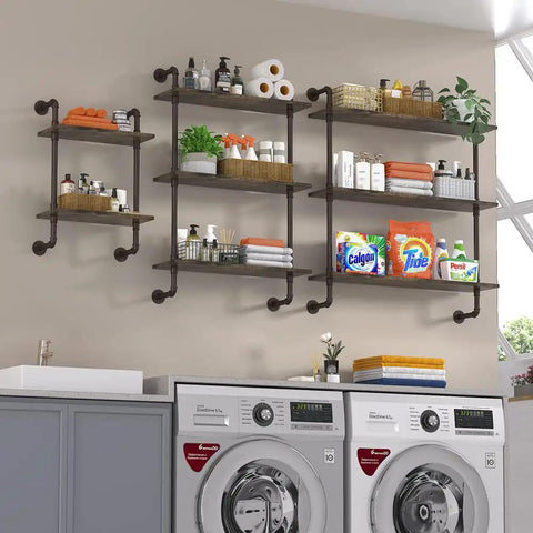 Rustic Three Tier Industrial Pipe Floating Shelves Straight Fire Modern Farmhouse Vibe with bathroom supplies and decor.