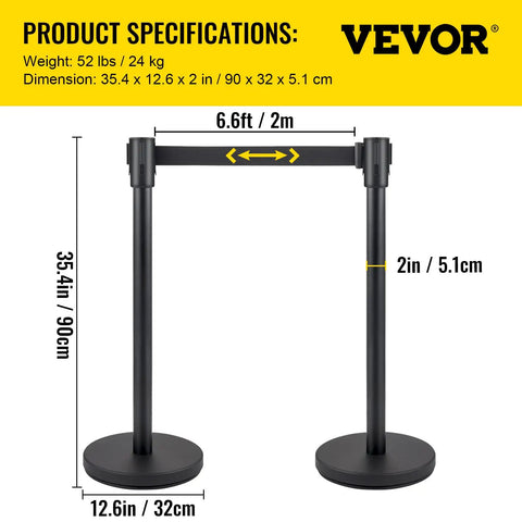 Four Piece Pro Grade Crowd Control Stanchion Set With 6.6 Ft Retractable Belt Black Barrier With Concrete And Metal Base