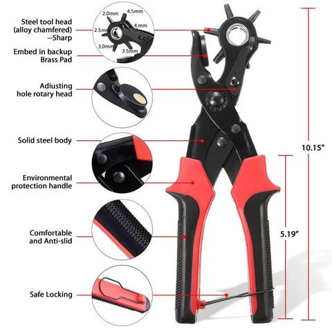 All In One Belt Hole Punch Tool Kit With Multiple Size Grommet Eyelets showing detailed components and dimensions