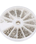 Badass Top Shelf Stainless Steel Eyeglass Screw Repair Kit Hella Tough Cross Flat Head Assortment in a divided storage wheel.