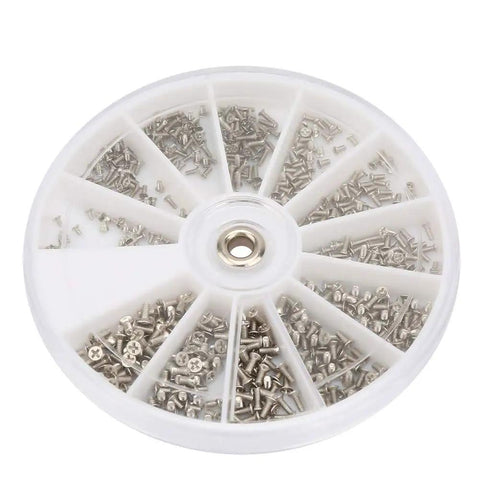 Badass Top Shelf Stainless Steel Eyeglass Screw Repair Kit Hella Tough Cross Flat Head Assortment in a divided storage wheel.