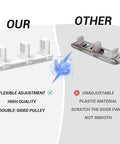 Comparison of sliding closet door floor guide with riser plate, white finish, versus standard model, showing features and quality.