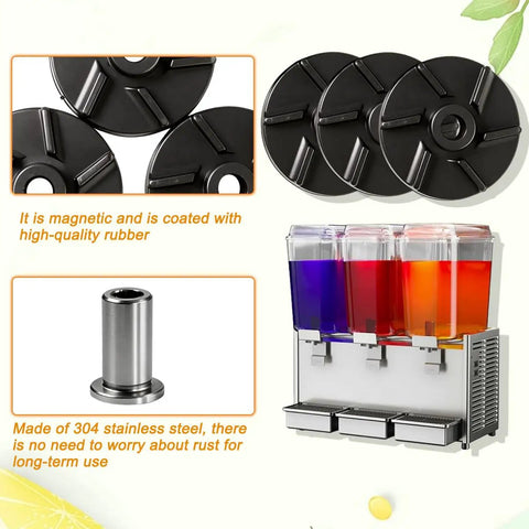 Premium Magnetic Impeller And Heavy Duty Bearing Housing For Cold Drink Machines Keeps Beverages Rolling Smooth And Stops Chunky Residue In A Dope Three Pack showing black impellers and stainless steel bearing.
