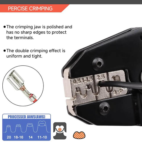 Close-up of Ratcheting Crimping Tool for Non-Insulated Open Barrel Terminals with U Shaped Crimper for AWG 20-10 wires.