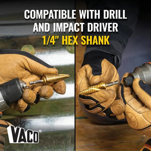 Heavy Duty Step Drill Bit Set For DIY With Spiral Double Fluted Titanium Nitride Coated Bits, Pro Grade Four Piece From Half Inch To One And Three Eighths Inch Sizes, Quarter Inch Shank, In Rugged Carry Case Klein Tools used with drill and impact driver showing hex shank.