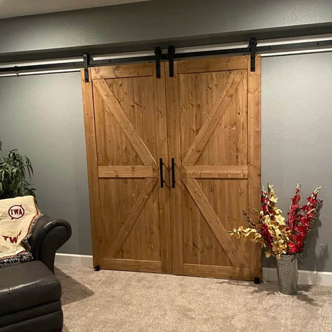 Adjustable 8 To 17 Feet Double Gate Sliding Barn Door Hardware Kit With Track 12 Inch Handles Easy Install shown installed