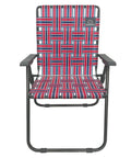 Front view of Retro Webbed Camping Chair With Foldable Steel Frame Lightweight 8 Lb Seat Heavy Duty 300 Lb Capacity Old School Red White And Blue Stripes Classic Outdoor Beach Camp Chair