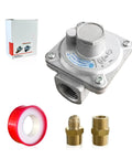 FENDITEK 1/2 in gas pressure regulator with two brass 1/2 in NPT adapters and red tape roll
