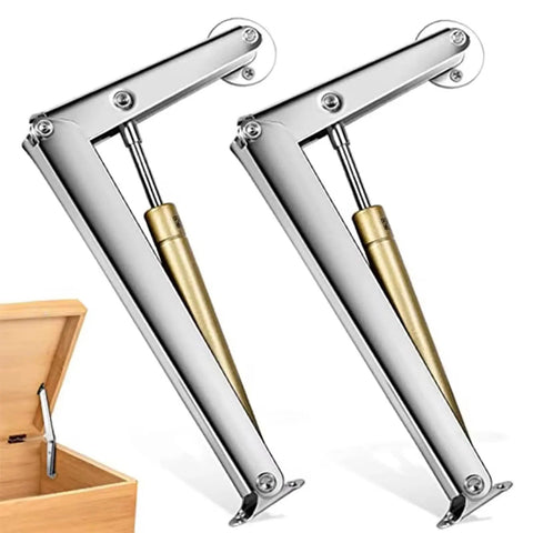 2 Pack Soft Close Box Hinges With 100N Gas Struts for heavy wooden boxes, shown with a toy box, slow closing mechanism