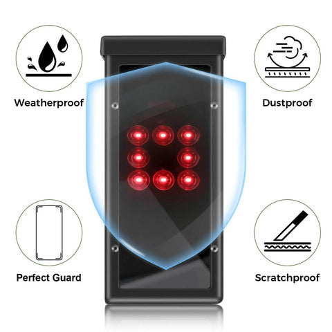 Protective Shield Case For Square Golf Launch Monitor with metal shell and clear acrylic panel, highlighting features like weatherproof and dustproof qualities.