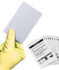 Gloved hand holding a Dual Side Card Reader Cleaning Card, with instructions visible, used for CR80 Terminals, 10 Pack.