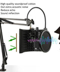 Foldable Microphone Isolation Shield with stand and pop filter reducing echo, showing sound waves and soundproof cotton.