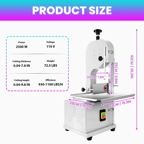 Heavy Duty Commercial Electric Bone Saw With Stainless Steel Table And Eight Replacement Blades 2500W Meat Bandsaw dimensions and specs.