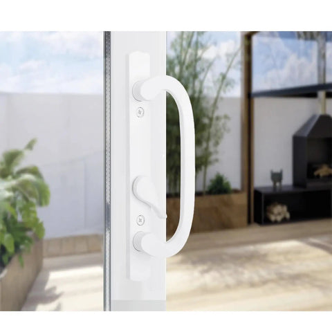 Replacement Keyed Offset Center Sliding Patio Door Handleset With Mortise And Keeper Assembly 45 Degree Keyway For 1-3/8 To 2 Inch Thick Sliding Glass Doors White Zinc Alloy Works With Pella Guardian PGT PPG And More