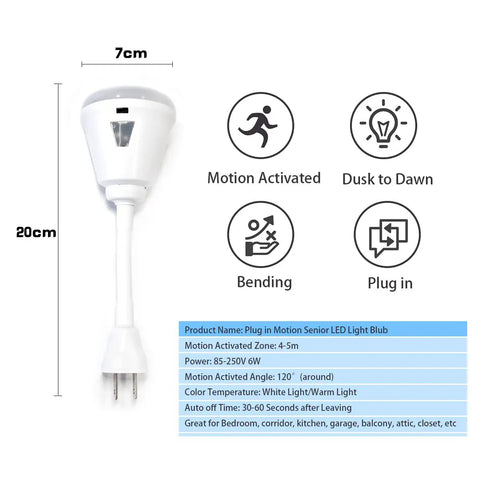 Plug In Motion Sensor Night Light With Infrared PIR Auto On In Dark 6W LED AC 85 265V US Plug White Light dimensions and features