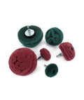 Six Piece Nylon Buffing Mushroom Wheels Set With Assorted 2 Inch 3 Inch And 4 Inch Sizes For Polishing And Cleaning Metal Surfaces using red and green grit.