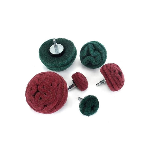 Six Piece Nylon Buffing Mushroom Wheels Set With Assorted 2 Inch 3 Inch And 4 Inch Sizes For Polishing And Cleaning Metal Surfaces using red and green grit.