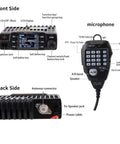 Dual Band Mobile Radio Transceiver For Car, VHF UHF 144-148 And 420-450 MHz, showing front, back, and microphone details.