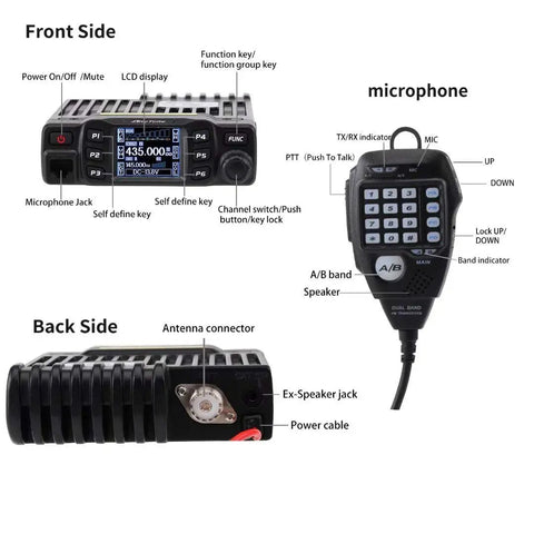 Dual Band Mobile Radio Transceiver For Car, VHF UHF 144-148 And 420-450 MHz, showing front, back, and microphone details.