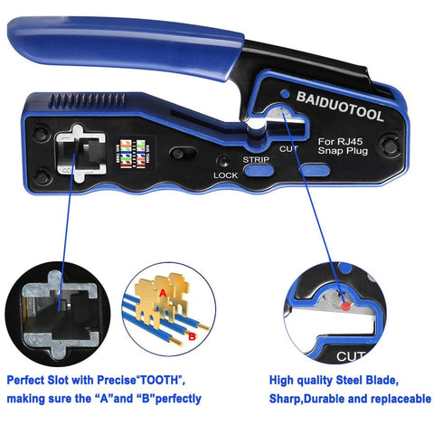 Pro Grade Pass Through RJ45 Crimp Tool Kit With Cutter For Cat5 Cat5e Cat6 Cat6a 8P8C Modular Connectors, All In One Ethernet Crimping Tool And Tester