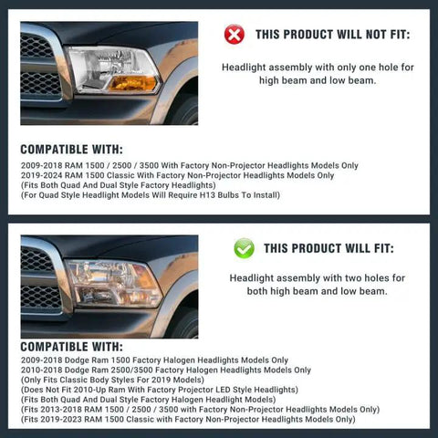 Comparison of Dodge Ram Quad Hole Halogen Headlights Assembly vs single hole versions with compatibility details for 2009-2018 Ram models