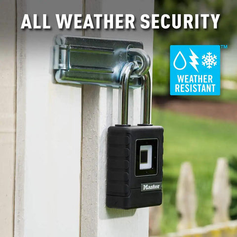 Fingerprint Padlock For Outdoor Use, Heavy Duty Security Lock With Weather Cover attached to a gate, focus on weather resistance