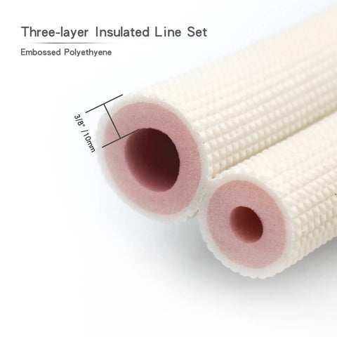Three-layer insulated line set from Sixteen Foot Mini Split Line Set With Copper Pipes One Quarter Inch And One Half Inch OD Plus Three Eighth Inch White PE Thickened Insulated Coil.