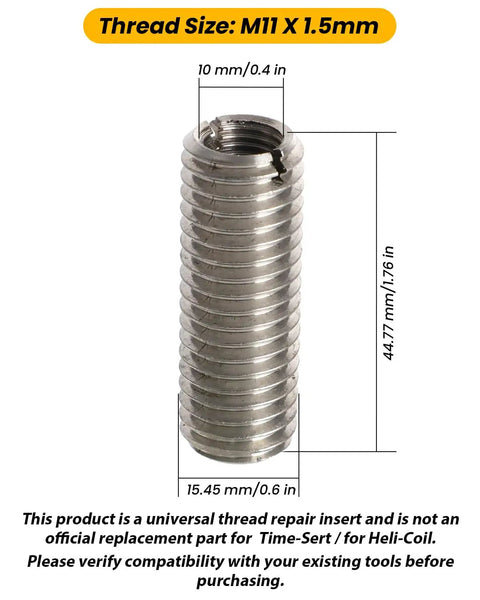 Side view of a stainless steel insert, part of the 10 Piece Head Bolt Thread Inserts Kit M11 X 1.5 For Toyota Camry Years 2002 Through 2013 Solara Years 2002 Through 2005 RAV4 Years 2004 Through 2005 Highlander Years 2001 Through 2013 Stainless Steel Engine Cylinder Head Repair Tool, with dimensions marked.