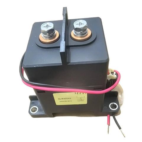 Built Different High Voltage Dc Contactor Coil 12V Control Module With 750V Contact Rating And 400A Switching Capability top view with terminals and wires.