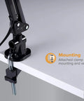 Close-up of LED Swing Arm Desk Lamp With Clamp Mount And 36 Inch Reach attached to a desk, showing secure all-metal construction.