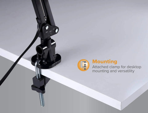 Close-up of LED Swing Arm Desk Lamp With Clamp Mount And 36 Inch Reach attached to a desk, showing secure all-metal construction.