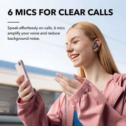 Person using Liberty 4 NC Wireless Earbuds With Ninety Eight Point Five Percent Noise Reduction Adaptive Noise Cancelling For Ears And Environment Hi Res Sound Up To Fifty Hours Battery Wireless Charging Bluetooth Five Point Three outdoors