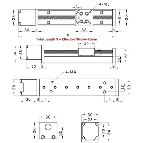 Slick XYZ Axis Motorized Slide Table Featuring Tight T Shape Linear Guide Rail And Precision C7 Ball Screw diagram with dimensions