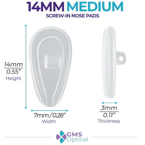 Premium Silicone Screw In Nose Pads For Eyeglasses Ultra Smooth Fit No Sweat Design Slash Redness Quick Solid 14 Mm Medium Build shown with dimensions