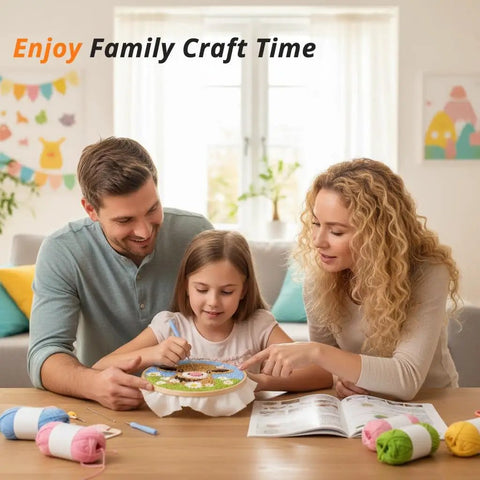 Family using No Fuss Easy Starter Punch Needle Kit for Adults With Highland Cow Design at home, enjoying crafts together.