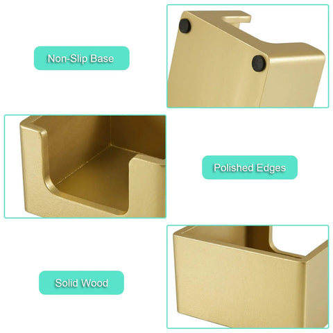 Close-up of Gold Wood Sticky Note Holder for 3x3 Post It Notes, showing non-slip base, polished edges, and solid wood.