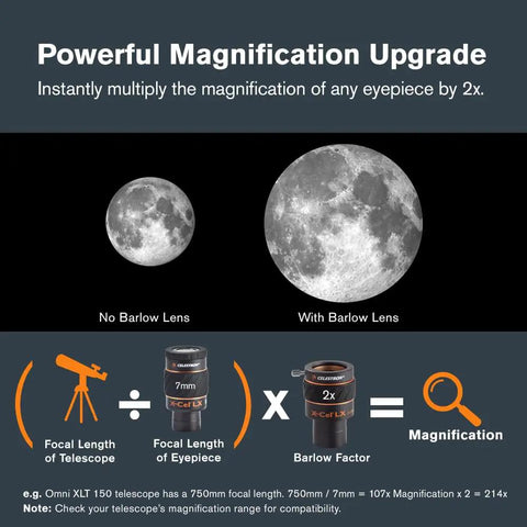 X-Cel LX 2x Barlow Lens For 1.25 Inch Eyepieces, Amp Up Your Telescope View, Three Element Apochromatic Optics, Fully Multi Coated, Rubber Grip, Brass Compression Ring, Filters Compatible, with 2x moon view