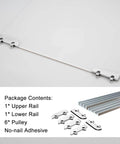 Beefed-Up Three Track Sliding Door Rail System With Six Pulleys For Wardrobe Closet And Display Cabinet In Durable Aluminum Alloy Hardware Kit components including rails, pulleys, and adhesive.