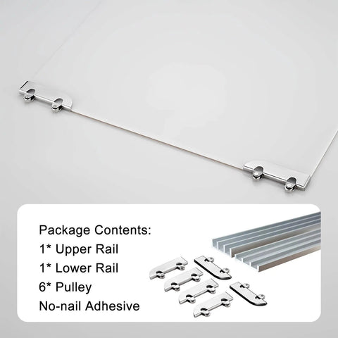 Beefed-Up Three Track Sliding Door Rail System With Six Pulleys For Wardrobe Closet And Display Cabinet In Durable Aluminum Alloy Hardware Kit components including rails, pulleys, and adhesive.