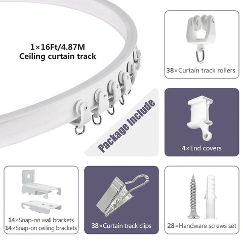 Flexible Bendable Ceiling Curtain Track 16 Ft White Wall Mount Sliding Curtain Rail System With Clips For RV Room Divider And Home Windows, No Fuss Install, Curved For Angled Ceilings, Clips Included, Durable Aluminum Rail, Ideal For RVs And Homes; 16 ft track with clips