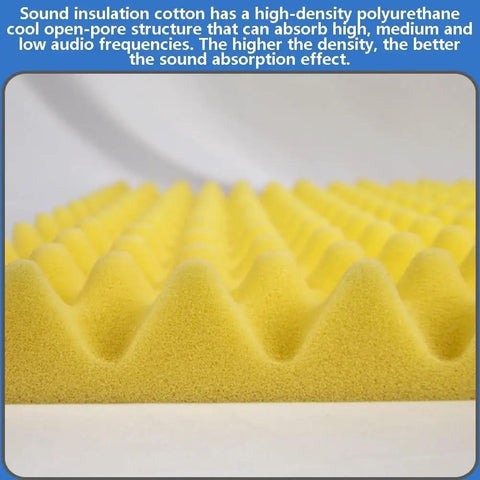 Peel And Stick Soundproofing Foam Roll For Walls Thick Acoustic Dampening Panels Fireproof Noise Blocker Mat For Home Studio Audio Treatment Grey Quick Install Heavy Duty Build, close-up of textured yellow foam.