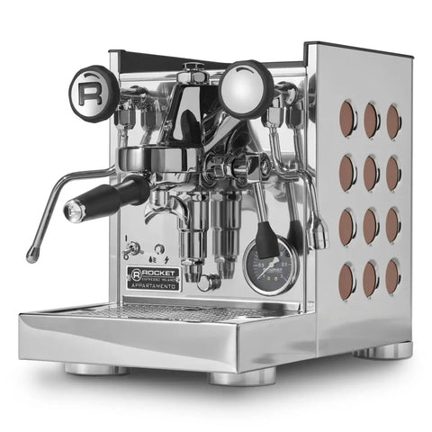 Level Up Your Home Barista Setup With This Sleek Copper And Chrome Espresso Machine Paired With A Silent Conical Burr Grinder In A Complete Bundle crafted espresso machine close-up with chrome and copper details.