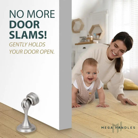 Heavy Duty Magnetic Door Stopper Finished In Sleek Satin Nickel To Lock Doors Wide Open and nip nasty wall scuffs in the bud.