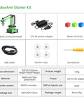 MaxArm Starter Kit: green robotic arm, USB cable, 12V 5A adapter, suction cups, three blocks, screwdriver.