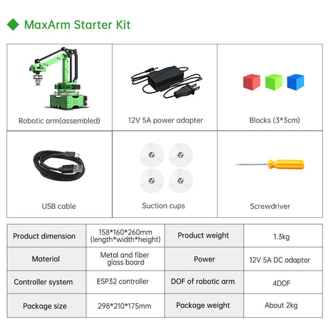 MaxArm Starter Kit: green robotic arm, USB cable, 12V 5A adapter, suction cups, three blocks, screwdriver.